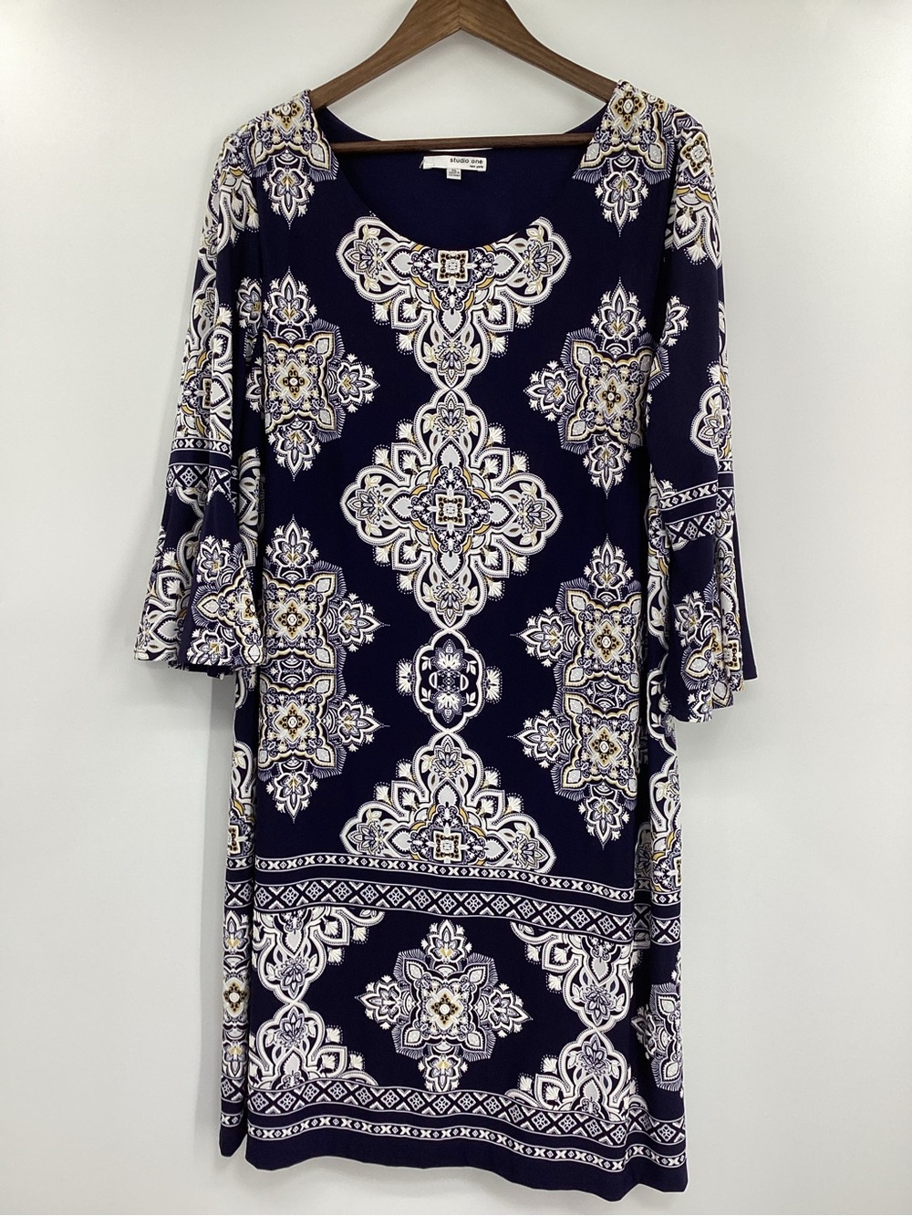 Studio One Navy Medallion Print Midi Dress with White and Gold Details